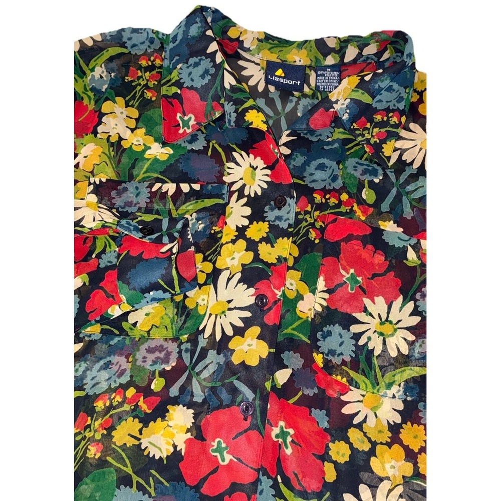 Lizsport Shirt Women's M Black Floral‎ Relaxed Retro Festival Boho Vintage 90s